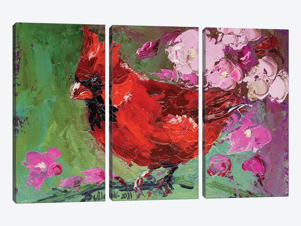 Red Cardinal And Sakura by Nataly Mak 3-piece Canvas Art