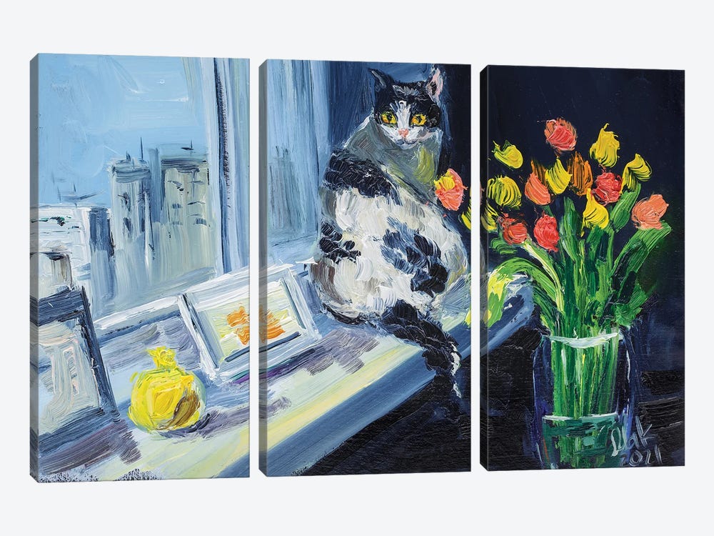 Cat At The Window by Nataly Mak 3-piece Canvas Print