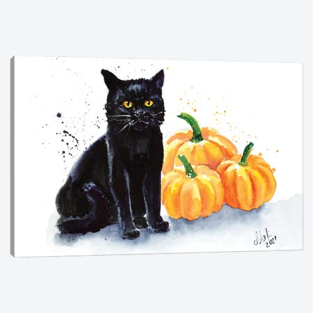 Black Cat With Pumpkin Canvas Print #NTM316} by Nataly Mak Canvas Art Print