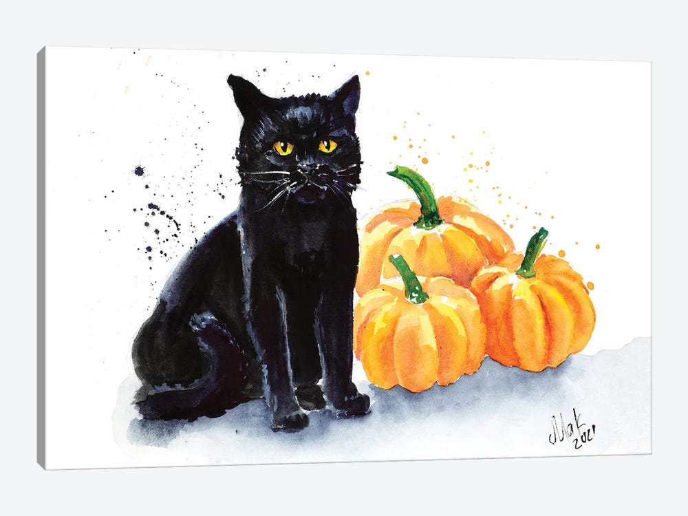 Black Cat With Pumpkin by Nataly Mak 1-piece Art Print