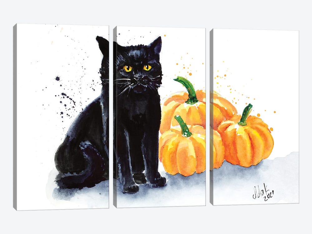Black Cat With Pumpkin by Nataly Mak 3-piece Canvas Print