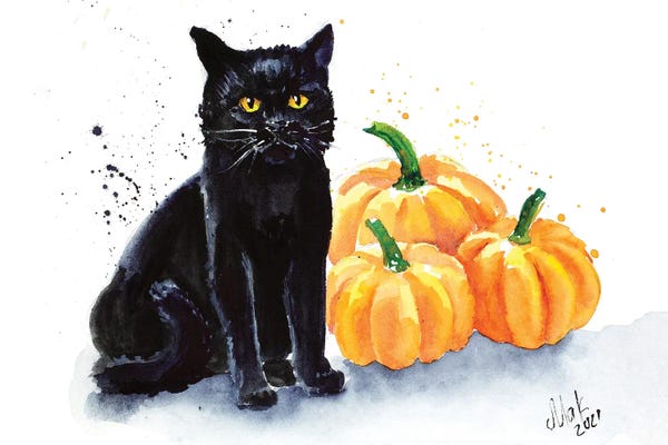 Nataly Mak: Black Cat With Pumpkin by Nataly Mak