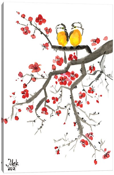 Sakura Japanese Bird Canvas Art Print - Cherry Tree Art