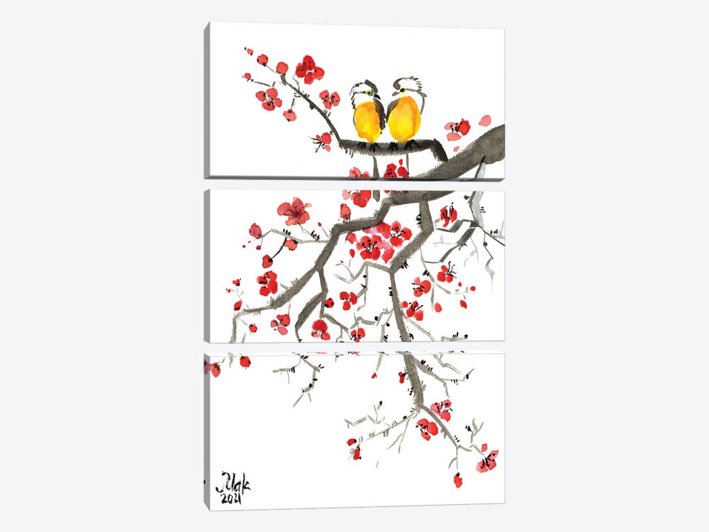 Sakura Japanese Bird by Nataly Mak 3-piece Canvas Art Print