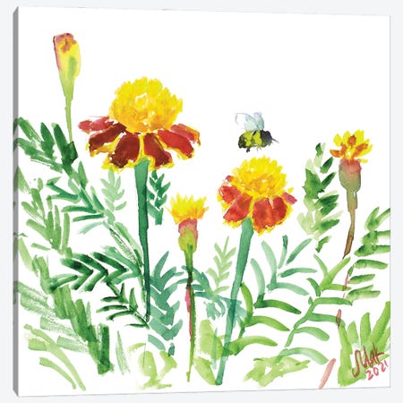 Marigold And Bee Canvas Print #NTM322} by Nataly Mak Canvas Art Print