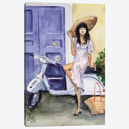 Italian Woman On A Moped Canvas Print #NTM330} by Nataly Mak Canvas Artwork