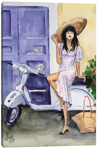 Italian Woman On A Moped Canvas Art Print - Scooters
