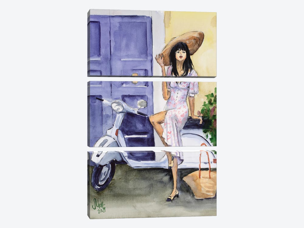 Italian Woman On A Moped by Nataly Mak 3-piece Art Print