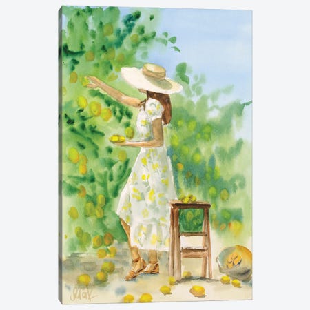 Girl With Lemon In Italy Watercolor Canvas Print #NTM351} by Nataly Mak Canvas Wall Art
