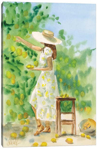 Girl With Lemon In Italy Watercolor Canvas Art Print - Gardening Art