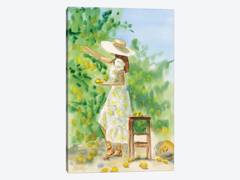 Girl With Lemon In Italy Watercolor by Nataly Mak 1-piece Canvas Wall Art
