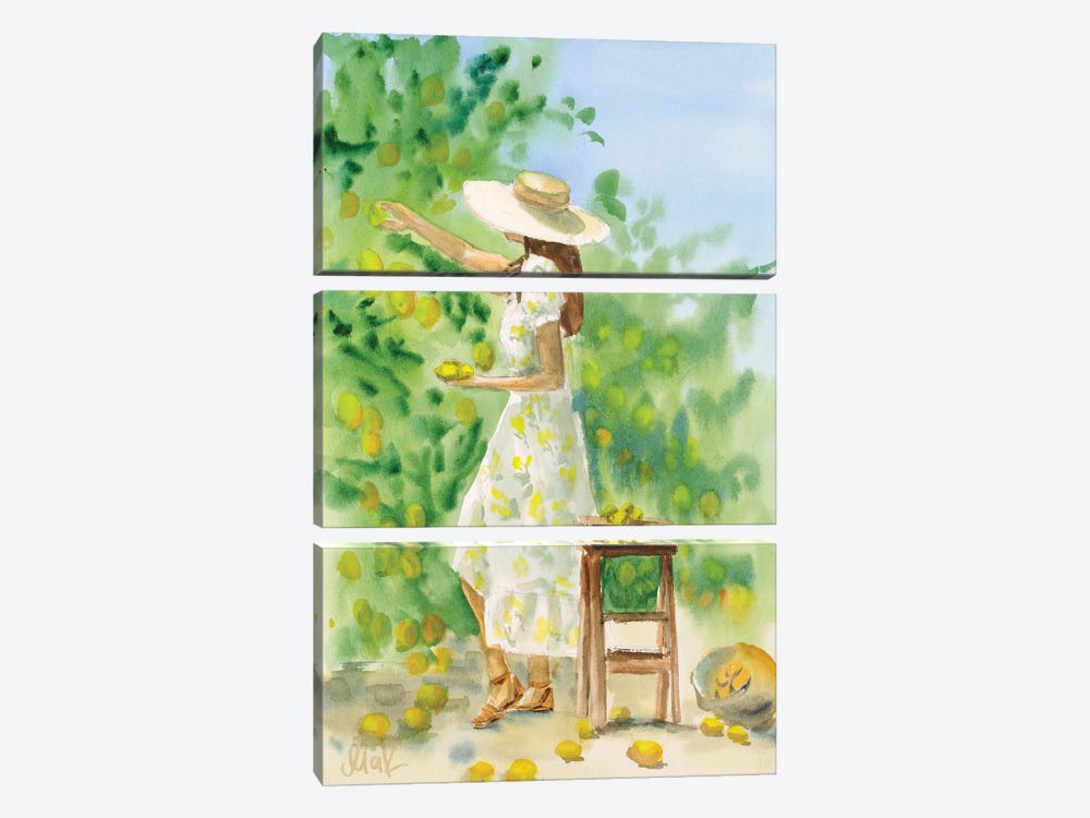 Girl With Lemon In Italy Watercolor by Nataly Mak 3-piece Canvas Art