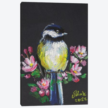 Chickadee With Flowers Canvas Print #NTM353} by Nataly Mak Canvas Artwork