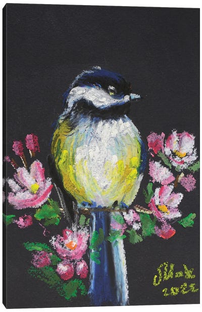 Chickadee With Flowers Canvas Art Print - Nataly Mak