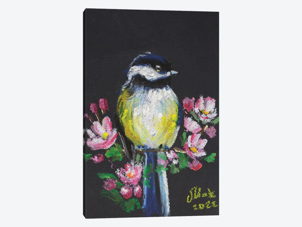 Chickadee With Flowers by Nataly Mak 1-piece Canvas Wall Art