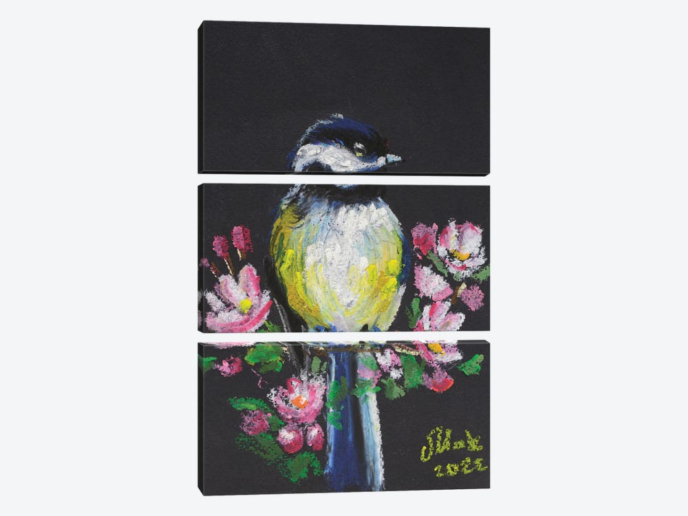 Chickadee With Flowers by Nataly Mak 3-piece Canvas Art