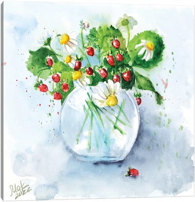 Bouquet In Vase Chamomile And Berries Canvas Art Print - Berry Art