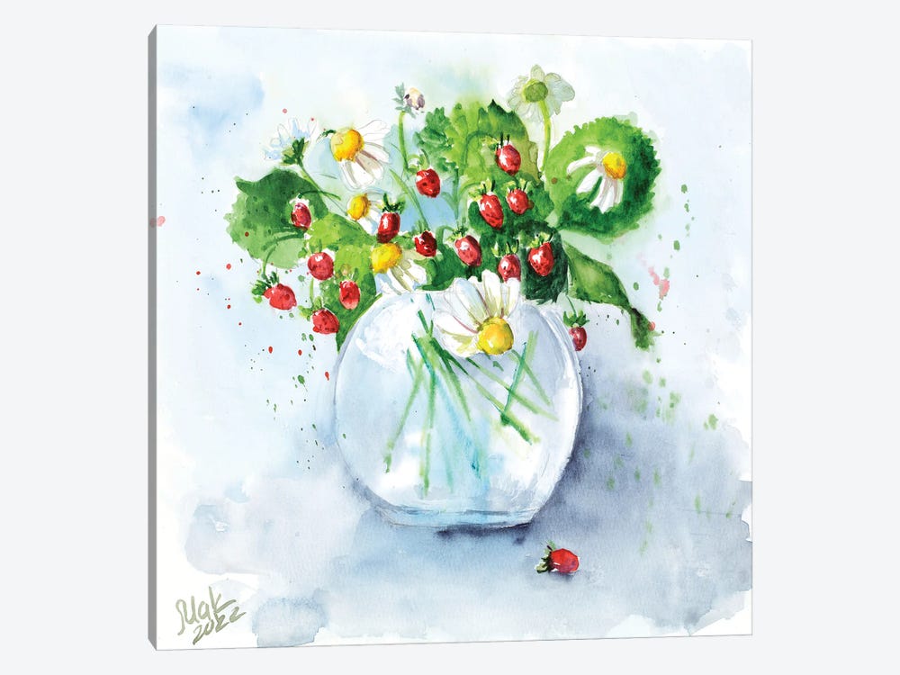 Bouquet In Vase Chamomile And Berries by Nataly Mak 1-piece Canvas Art Print