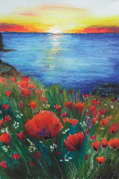 Poppies: Seascape Poppy Sunset Art by Nataly Mak