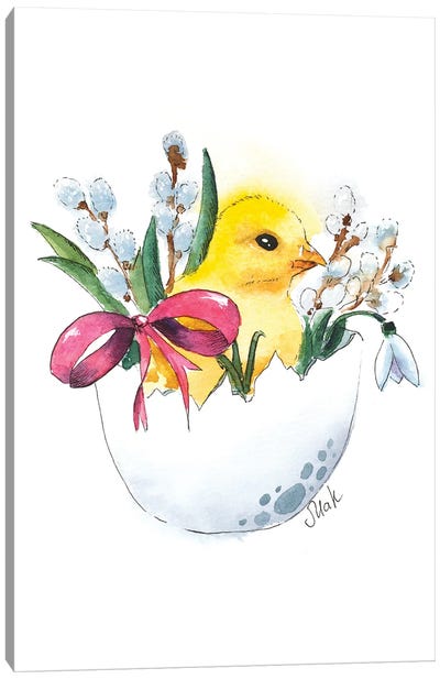 Easter Watercolor Chick In Egg Canvas Art Print - Egg Art