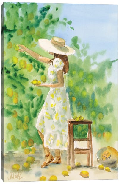 Girl In Lemon Garden Watercolor Canvas Art Print - Mediterranean Décor