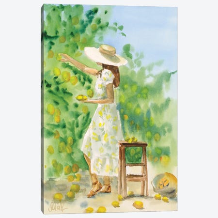 Girl In Lemon Garden Watercolor Canvas Print #NTM399} by Nataly Mak Canvas Wall Art