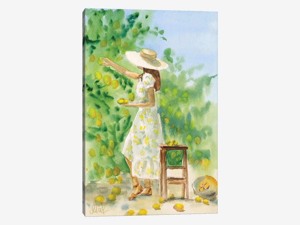 Girl In Lemon Garden Watercolor by Nataly Mak 1-piece Canvas Artwork