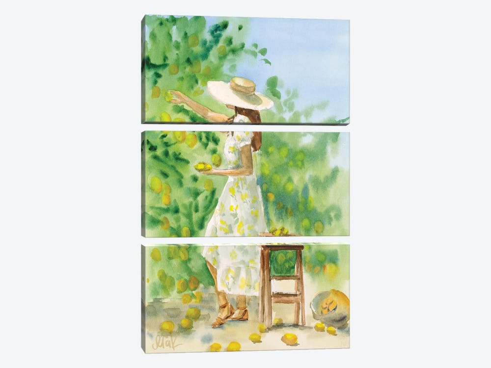 Girl In Lemon Garden Watercolor by Nataly Mak 3-piece Canvas Artwork