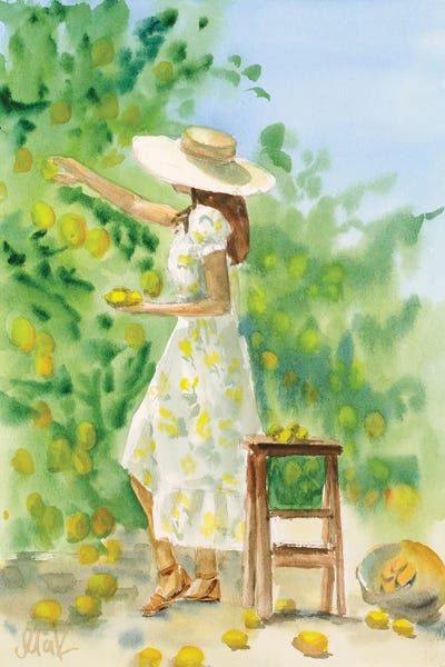 Mediterranean Décor: Girl In Lemon Garden Watercolor by Nataly Mak