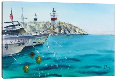 Greece Painting Boat Art Seascape Watercolor Canvas Art Print - Mediterranean Décor