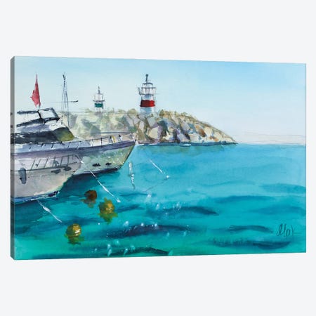Greece Painting Boat Art Seascape Watercolor Canvas Print #NTM400} by Nataly Mak Canvas Artwork