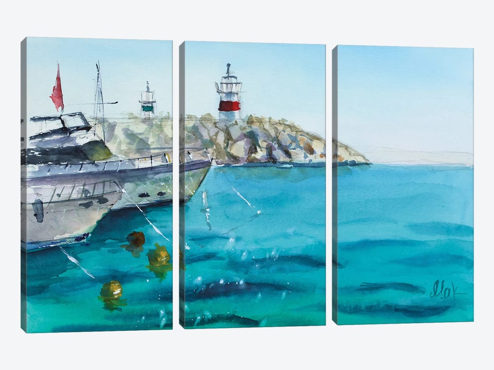 Greece Painting Boat Art Seascape Watercolor by Nataly Mak 3-piece Canvas Print