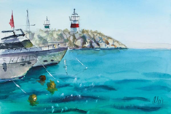 Nataly Mak: Greece Painting Boat Art Seascape Watercolor by Nataly Mak