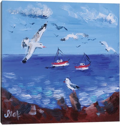 Seascape With Seagull Canvas Art Print - Gull & Seagull Art