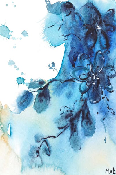 Nataly Mak: Blue Abstract Flowers Watercolor by Nataly Mak