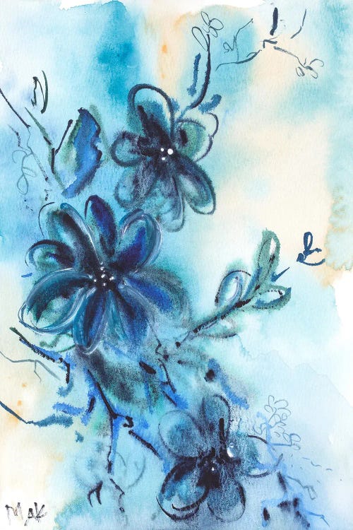 Blue Abstract Flowers Watercolor II