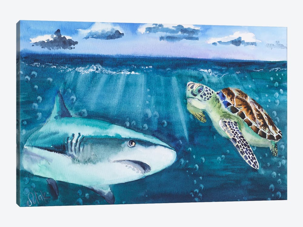 Turtle And Shark Art by Nataly Mak 1-piece Canvas Art