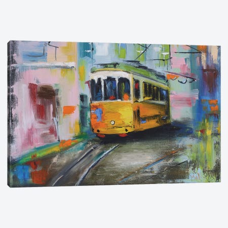 Lisbon Tram On Street Canvas Print #NTM476} by Nataly Mak Canvas Artwork