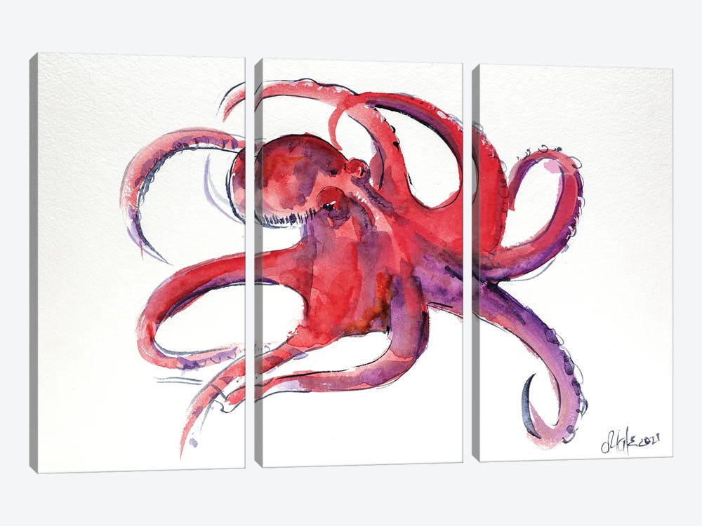 Red Octopus II by Nataly Mak 3-piece Canvas Print