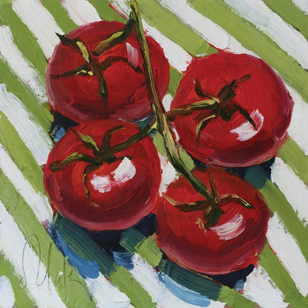 Nataly Mak: Tomatoes On A Green Striped Background I by Nataly Mak