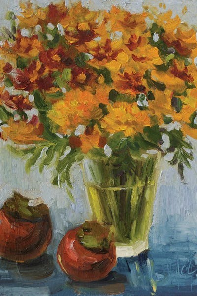 Nataly Mak: Persimmon And Marygold Still Life by Nataly Mak