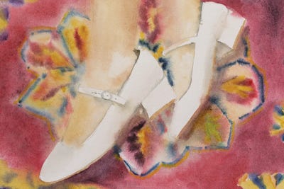 Nataly Mak - Acrylic Wall Art: Woman Legs In White Shoes by Nataly Mak