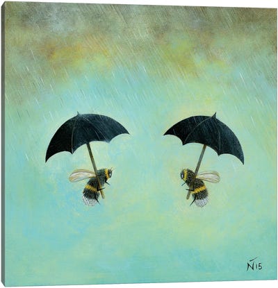Rainy Day Conversation Canvas Art Print - Umbrella Art