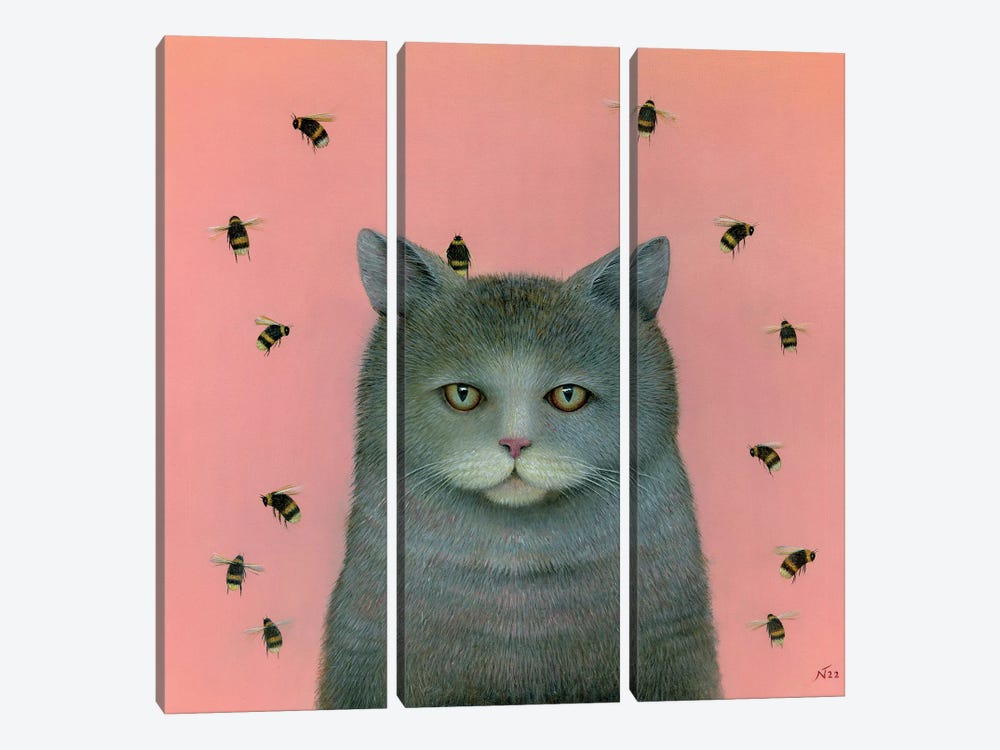 Cat With Bees by Neil Thompson 3-piece Canvas Print