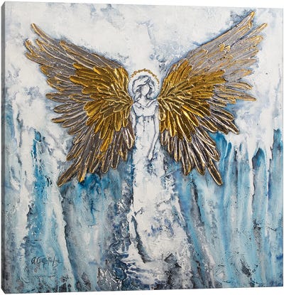 Abstract Angel, Gold Silver Angel Wings Canvas Art Print - Religion & Spirituality Art