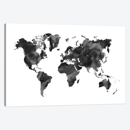 Watercolor World Map Black Canvas Print #NUV101} by Nouveau Prints Art Print