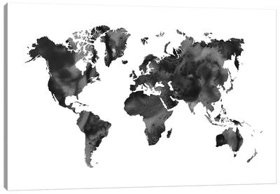 Watercolor World Map Black Canvas Art Print - Industrial Office
