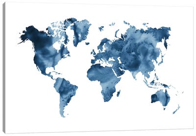 Watercolor World Map Navy Blue Canvas Art Print - Black, White & Blue Art
