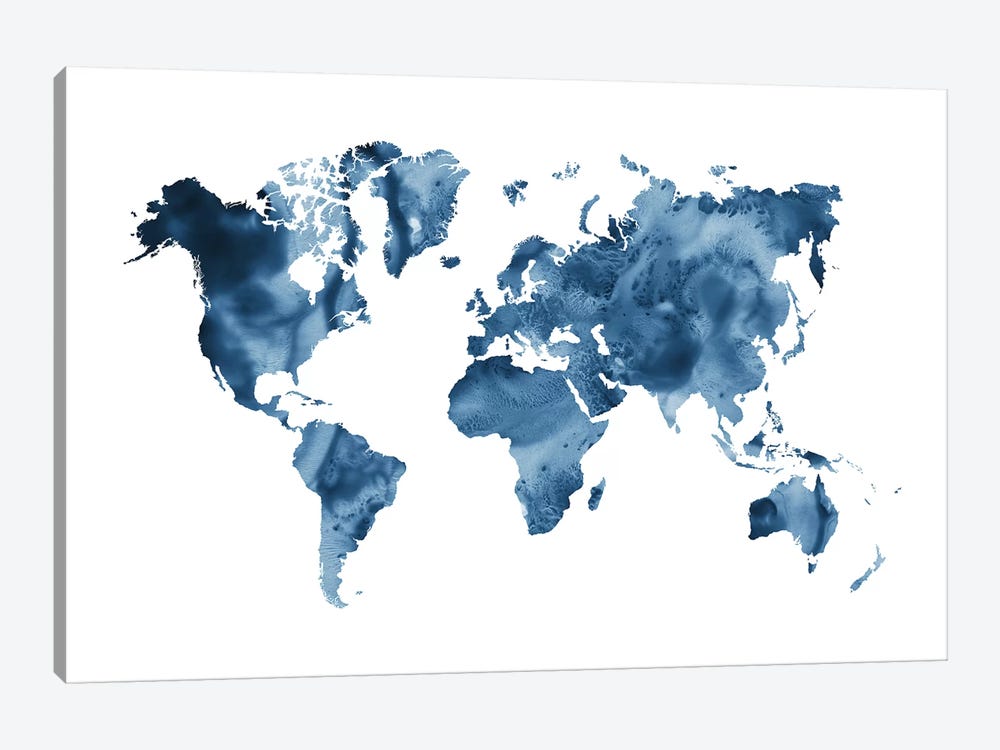Watercolor World Map Navy Blue by Nouveau Prints 1-piece Canvas Print