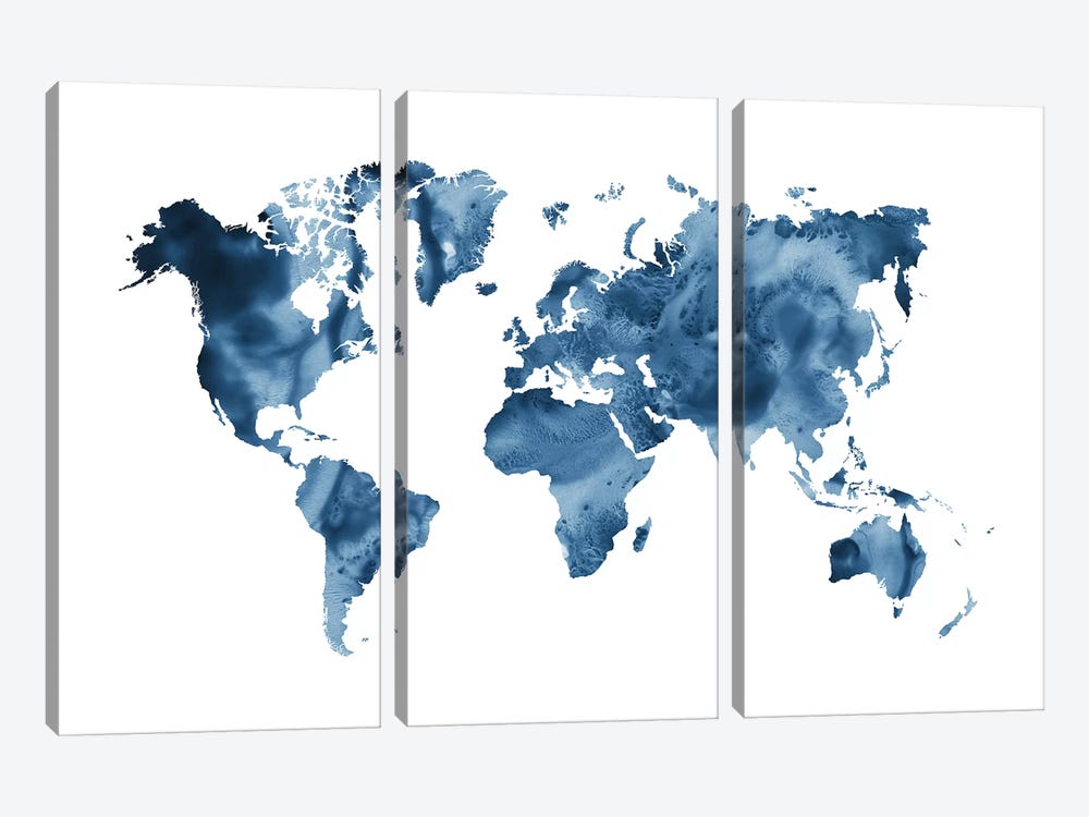 Watercolor World Map Navy Blue by Nouveau Prints 3-piece Canvas Print